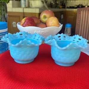 Set of 2 Vintage Fenton Art Glass Satin Blue Basket Weave bowl vases votives